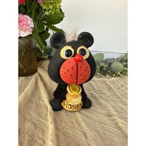 1970's 6 1/2" flocked Honey Bear Piggy Bank black bear Japan mid century‎ modern